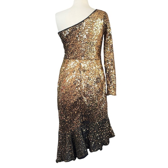 Marchesa Notte Sequined One Shoulder Asymmetric Ruffle Hem Dress Gold Size XS/4 - Picture 2 of 14